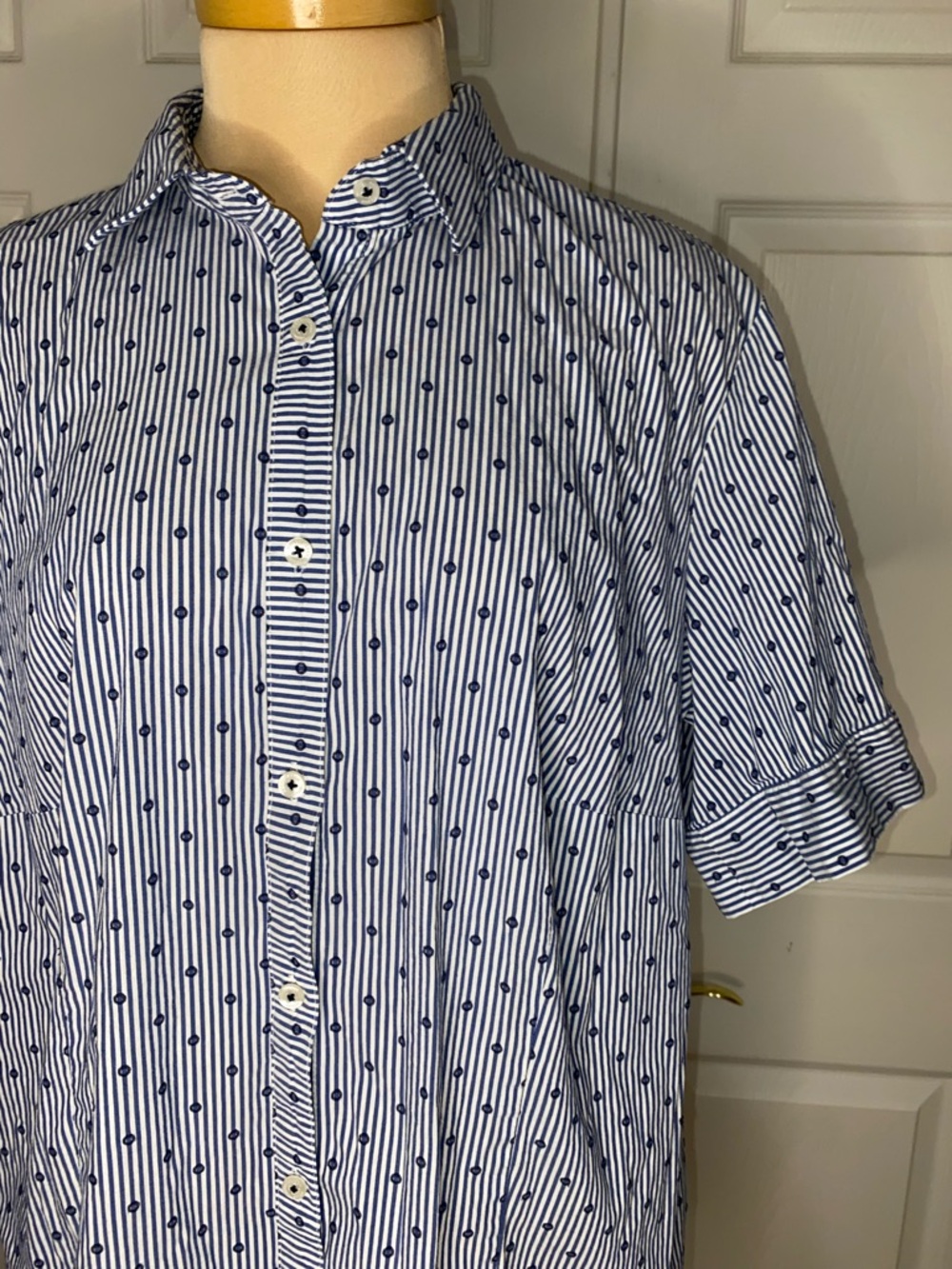 Gerry Weber White Short-Sleeve Button-Down with Navy Stripe and Polka Dots